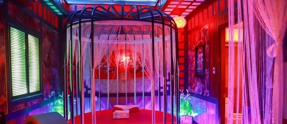 붉은 조명 속 독특한 새장 모양 프레임이 있는 원형 침대