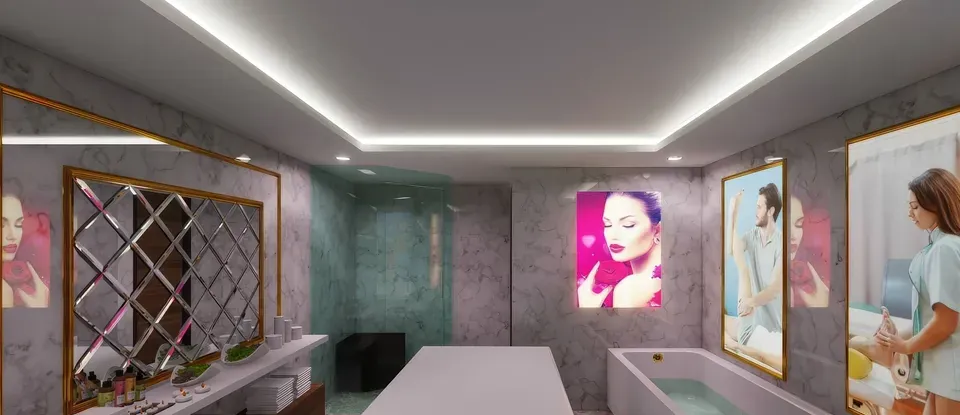 긴 욕조와 대형 거울이 있는 마사지룸