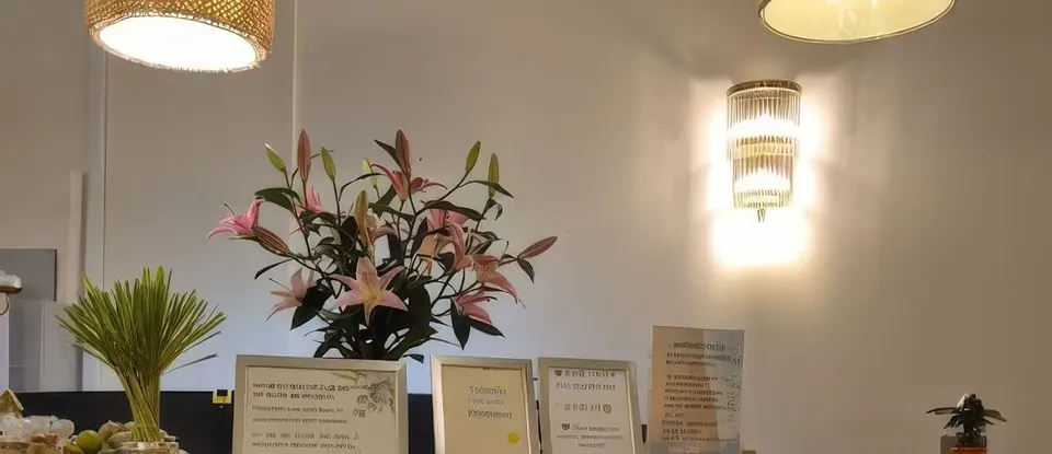 꽃과 액자가 놓인 리셉션 데스크
